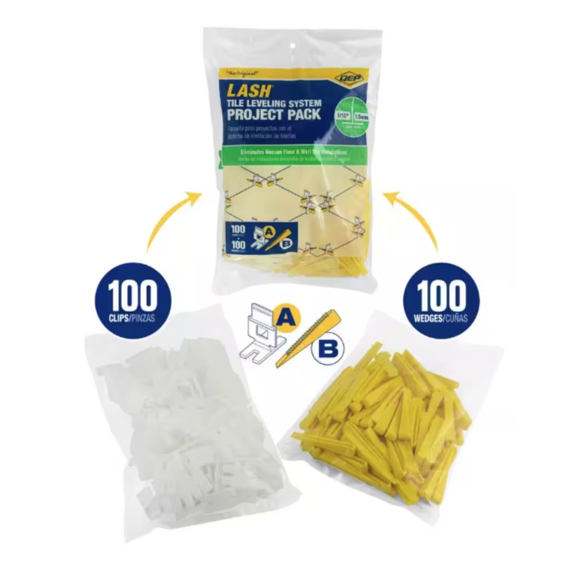 project pack includes (100pc 1/16 flat tile leveling clips & 100pc leveling wedges )
