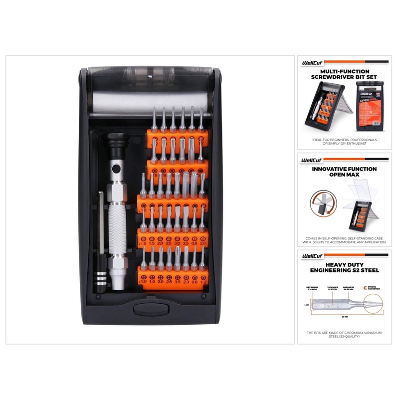 Juego de puntas de destornillador multiusos WellCut Precision con barra de extensin de 60 mm, mango de aluminio de 94 mm, 38 piezas ( WC-MPS38U )