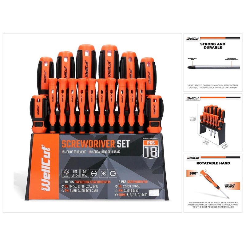 WellCut Juego de destornilladores de 18 piezas Destornillador magntico de precisin de rotacin libre Acero para herramientas Cr-V endurecido ( WC-SD18S )