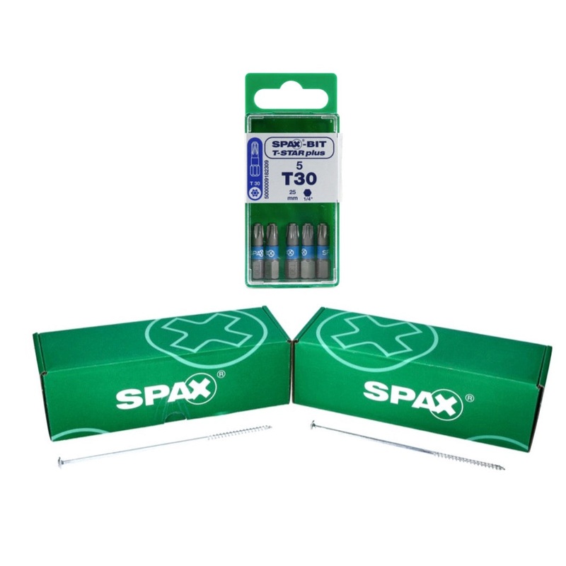 SPAX Set BIT T-STAR plus T30 - 6,4 x 25 mm, 5 piezas (5000009182309) + tornillo con cabeza de arandela HI.FORCE 6,0 x 200 mm 50 piezas (0251010602005)
