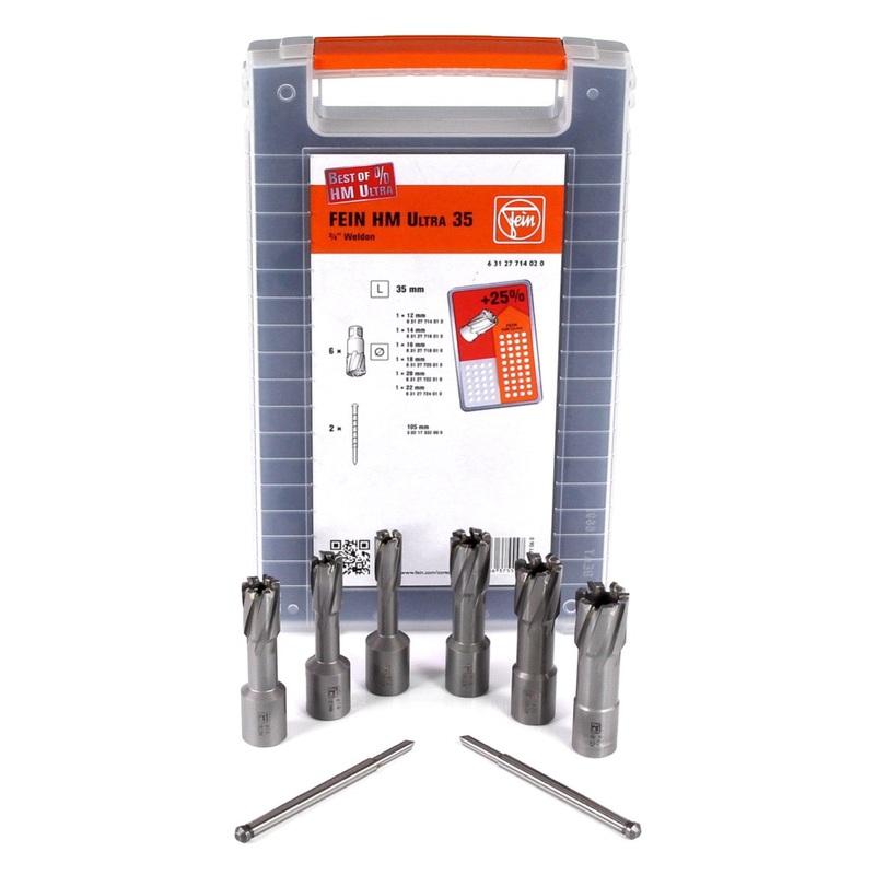 Juego de accesorios FEIN HM Ultra 35 Lo mejor de broca hueca 3/4" Weldon 8 piezas 35 mm de profundidad de corte en caja de plstico (63127714020)