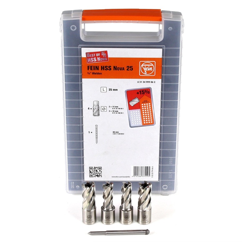 Juego de accesorios Fein HSS Nova 25 Lo mejor de la broca hueca Weldon de 3/4" de 5 piezas. Profundidad de corte de 25 mm en caja de plstico (63134999062)