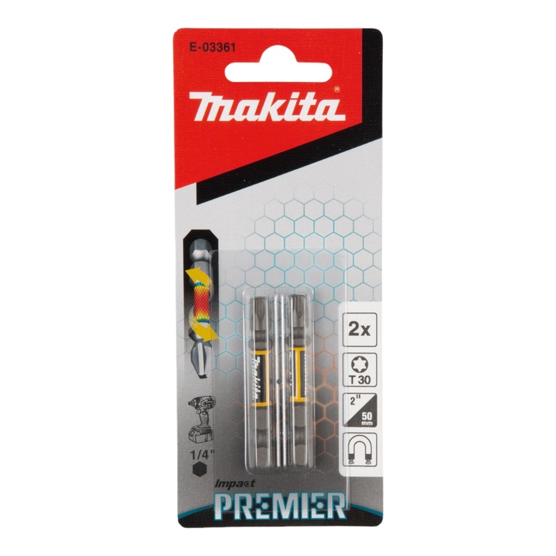 Makita Impact Premier Punta de torsin Vaso hexagonal 1/4" T30 50 mm 2 piezas (E-03361)
