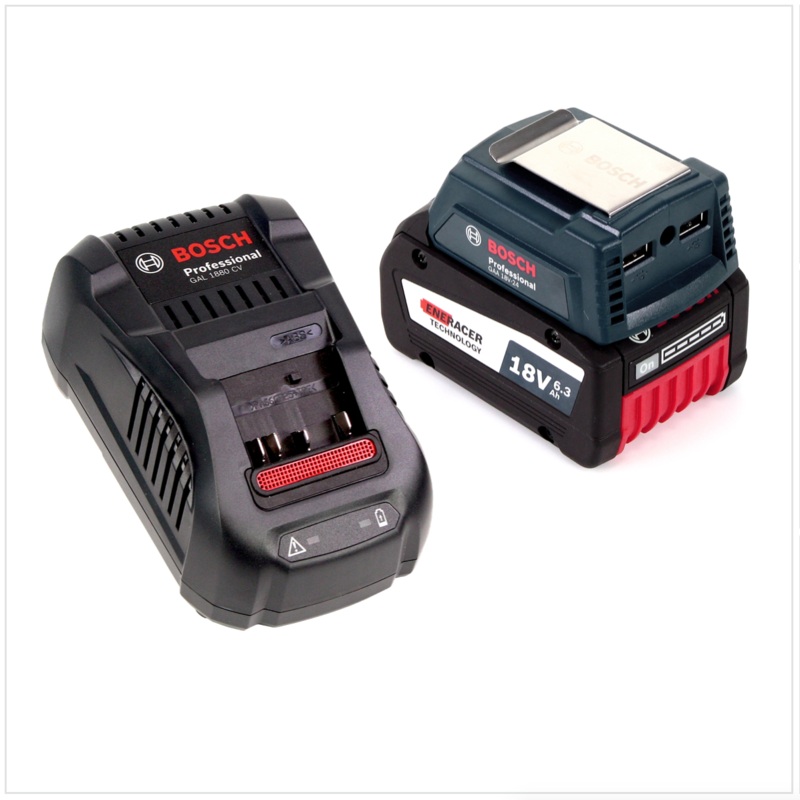 Bosch USB Power Set 18 V con adaptador USB GAA Professional para bateras de 14,4 V / 18 V + 1 batera enchufable GBA 18 V 6,3 Ah EneRacer Li-Ion + 1 cargador rpido GAL 1880 CV