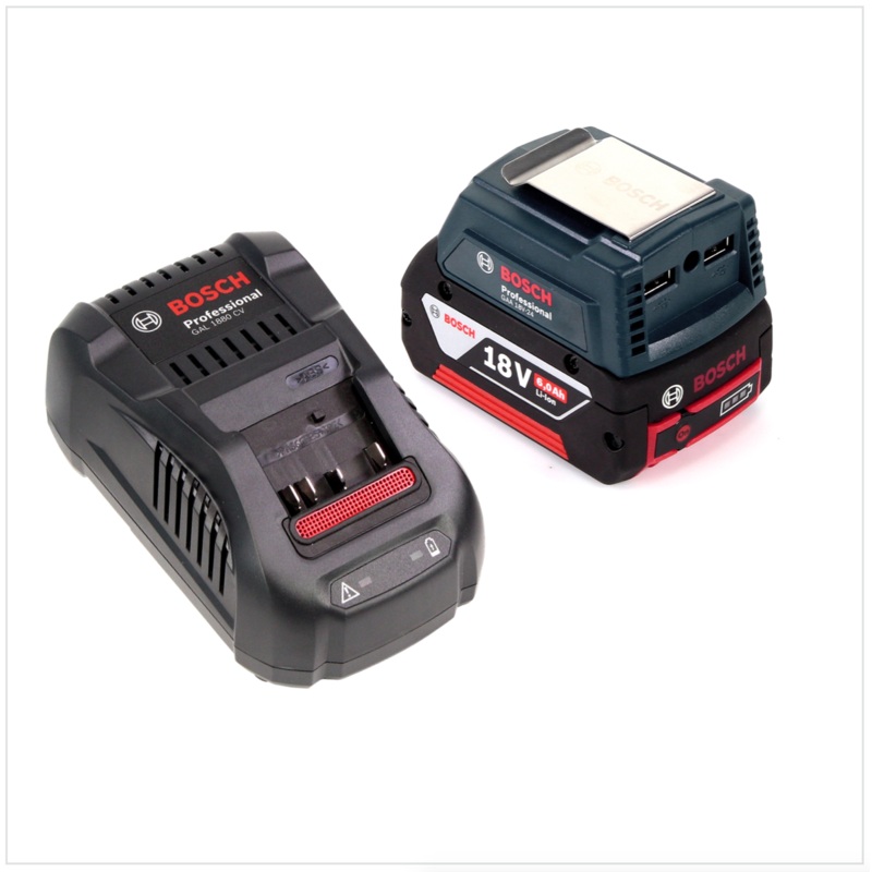 Bosch USB Power Set 18 V con adaptador USB GAA Professional para bateras de 14,4 V / 18 V + 1x batera de iones de litio GBA 18V 6,0 Ah + 1x cargador rpido GAL 1880 CV