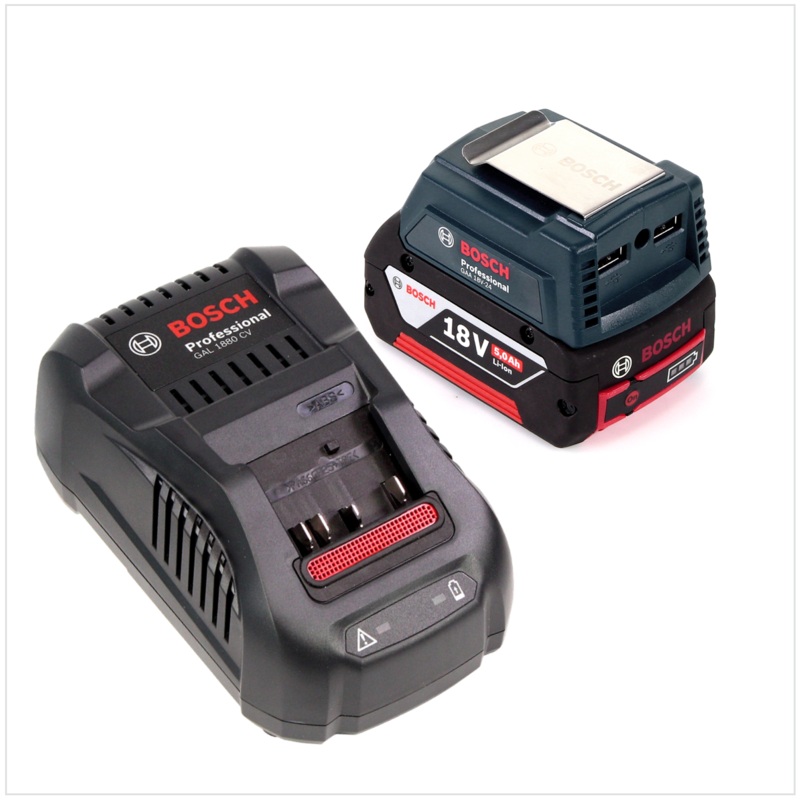 Bosch USB Power Set 18 V con adaptador USB GAA Professional para bateras de 14,4 V / 18 V + 1x batera de ranura GBA 18V 5,0 Ah Li-Ion + 1x cargador rpido GAL 1880 CV
