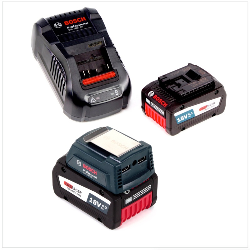 Bosch USB Power Set 18 V con adaptador USB GAA Professional para bateras de 14,4 V / 18 V + 2 bateras enchufables GBA 18 V 6,3 Ah EneRacer Li-Ion + 1 cargador rpido GAL 1880 CV