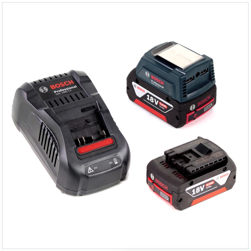 Bosch USB Power Set 18 V con adaptador USB GAA Professional para bateras de 14,4 V / 18 V + 2 bateras GBA de 18 V y 5,0 Ah Li-Ion con ranura + 1 cargador rpido GAL 1880 CV