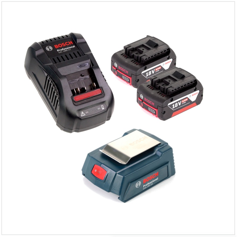 Bosch USB Power Set 18 V con adaptador USB GAA Professional para bateras de 14,4 V / 18 V + 2 bateras GBA de 18 V y 6,0 Ah de ranura Li-Ion + 1 cargador rpido GAL 1880 CV
